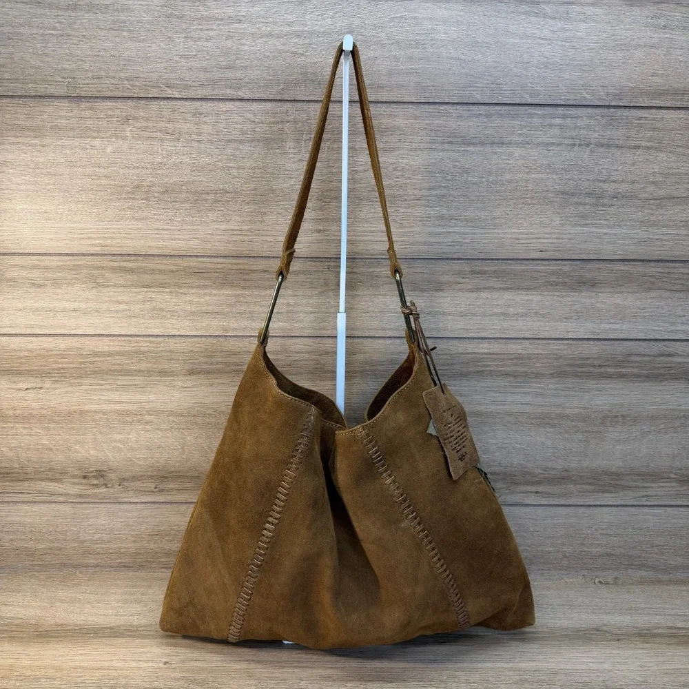 Vilenca Holland Suede Slouchy Hobo Shoulder Bag Earthy Brown Whipstitch Boho